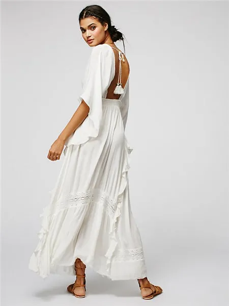 Backless Bohemia Flowing Maxi Dress - Khaki or White