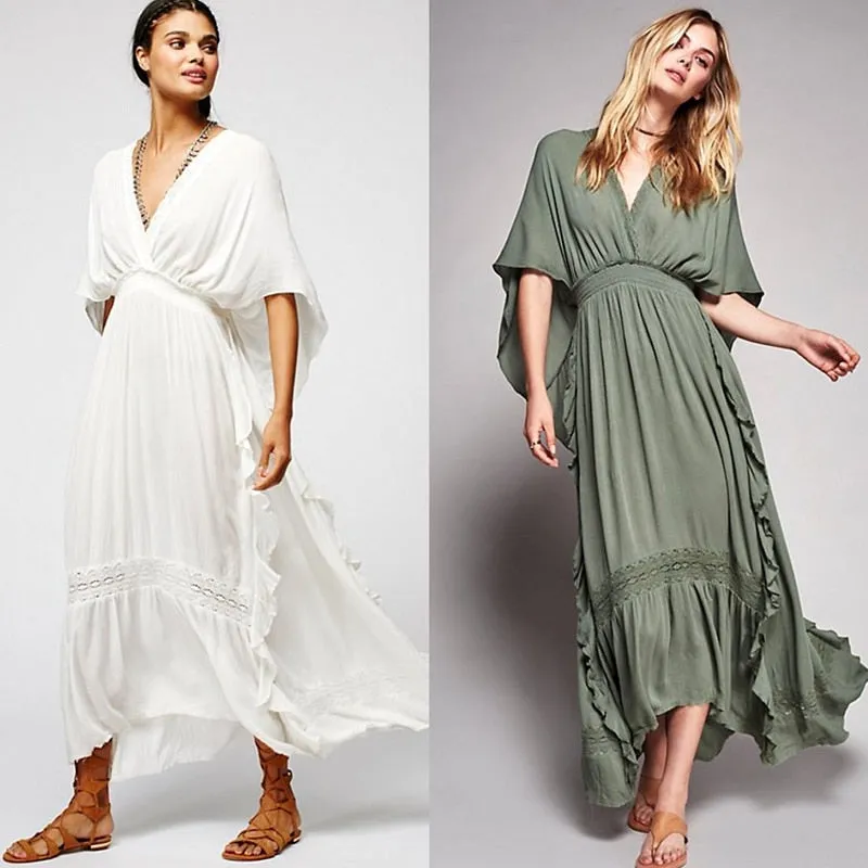 Backless Bohemia Flowing Maxi Dress - Khaki or White