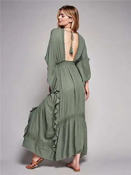 Backless Bohemia Flowing Maxi Dress - Khaki or White