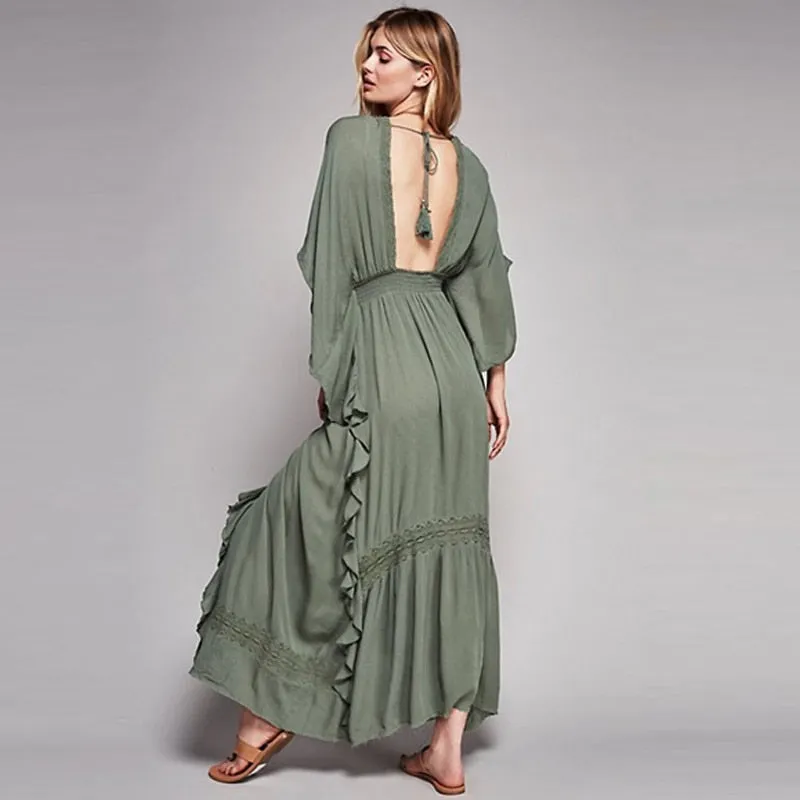 Backless Bohemia Flowing Maxi Dress - Khaki or White