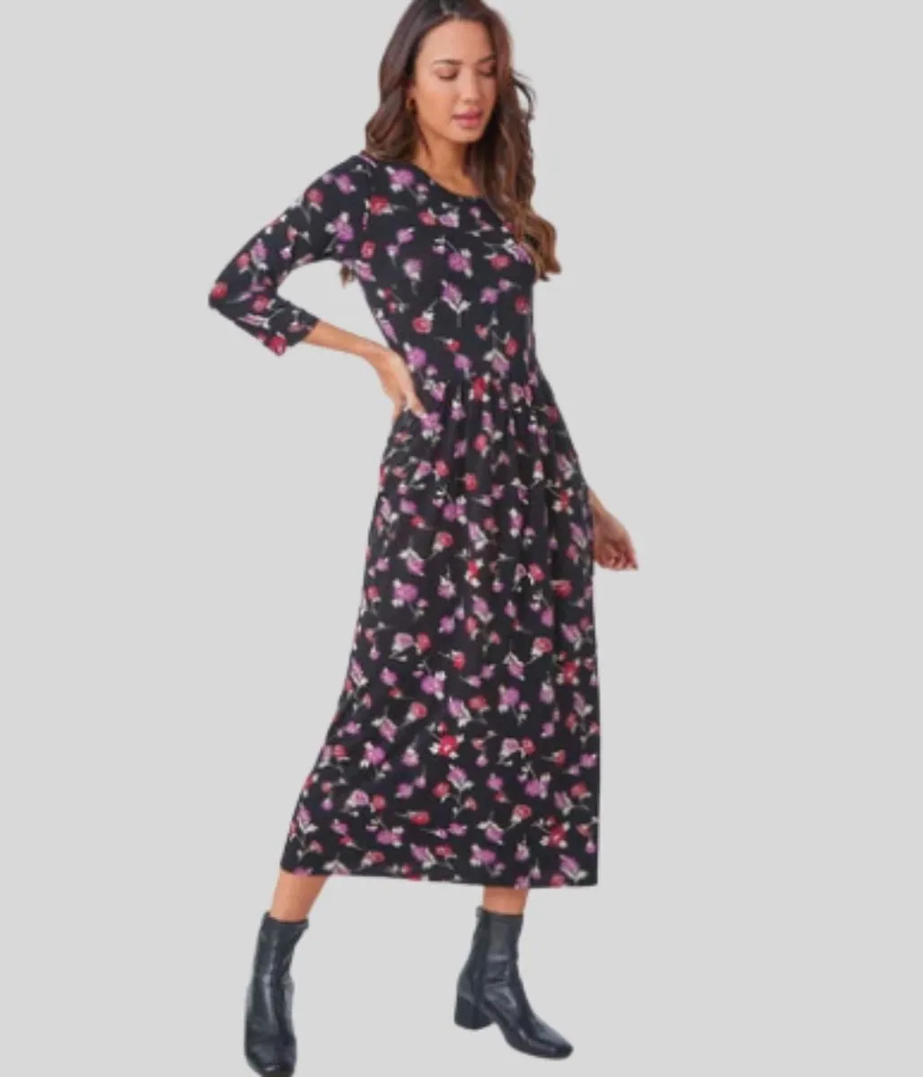 Black Floral Jersey Midi Dress