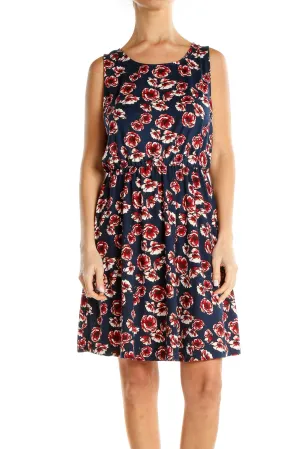 Blue Red Floral Print Fit & Flare Dress