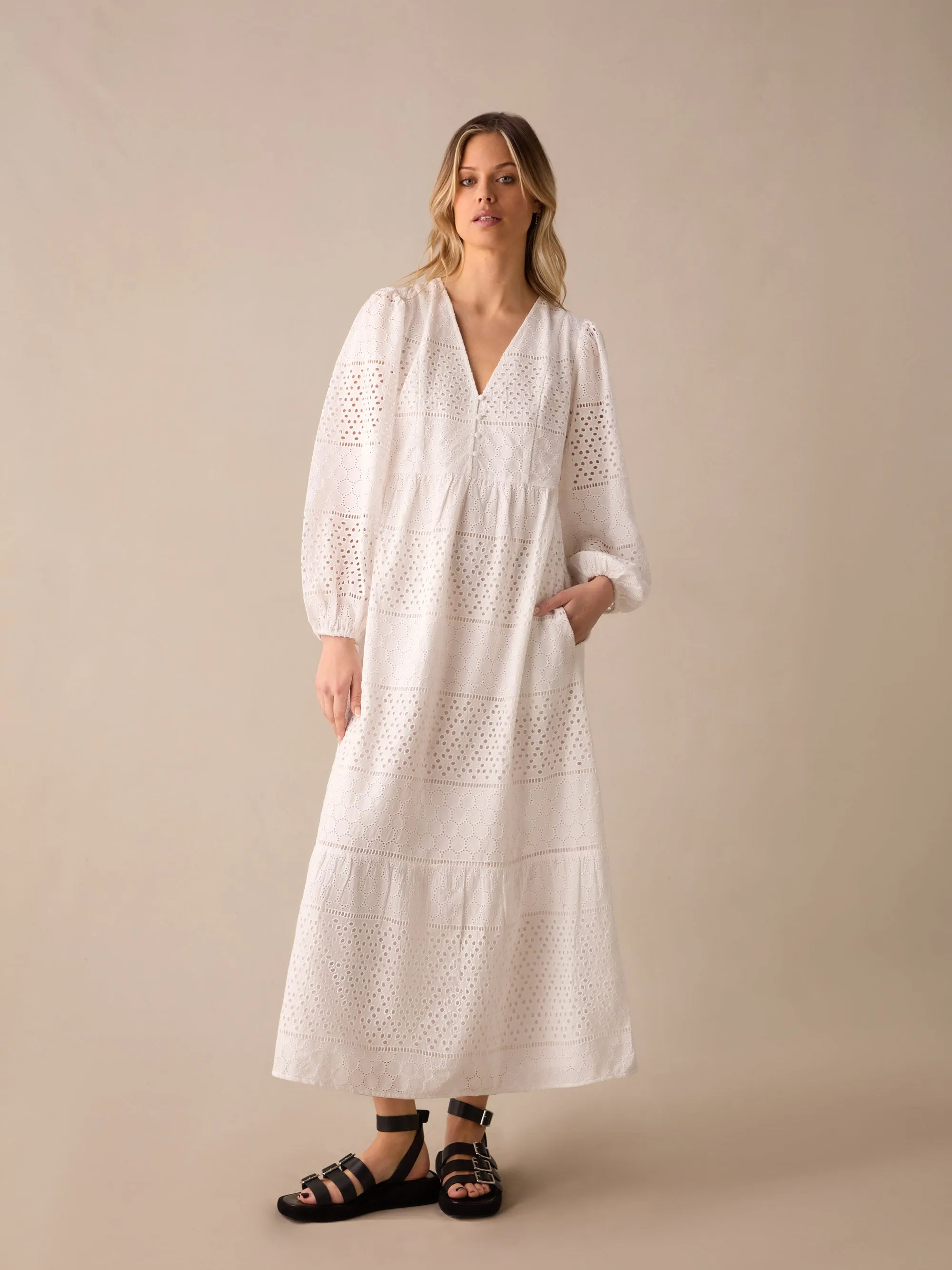 Broderie Mix Midi Dress