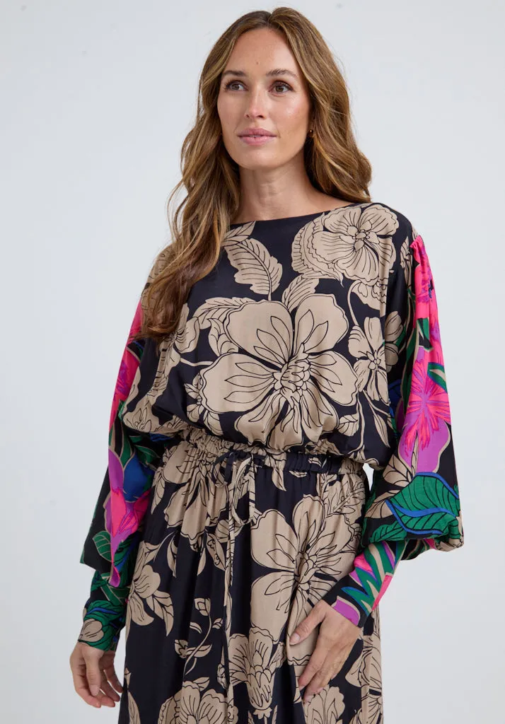 Celeste Gathered Waist Floral Printed Midi Dress In Multi