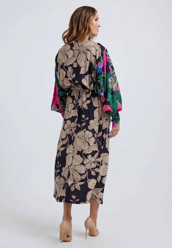 Celeste Gathered Waist Floral Printed Midi Dress In Multi