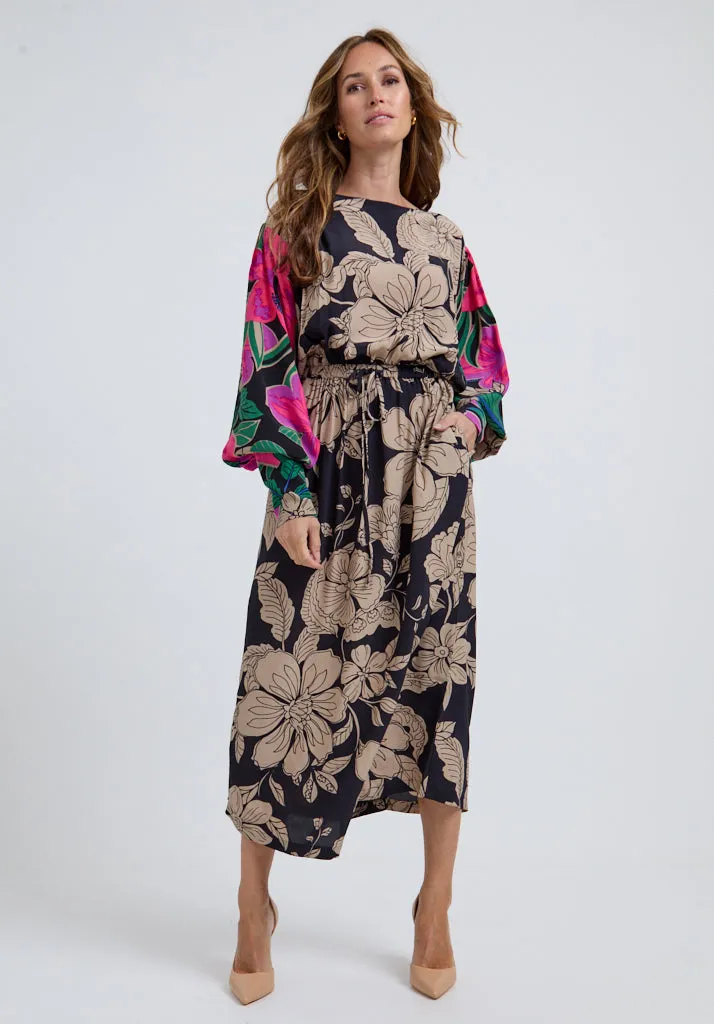 Celeste Gathered Waist Floral Printed Midi Dress In Multi