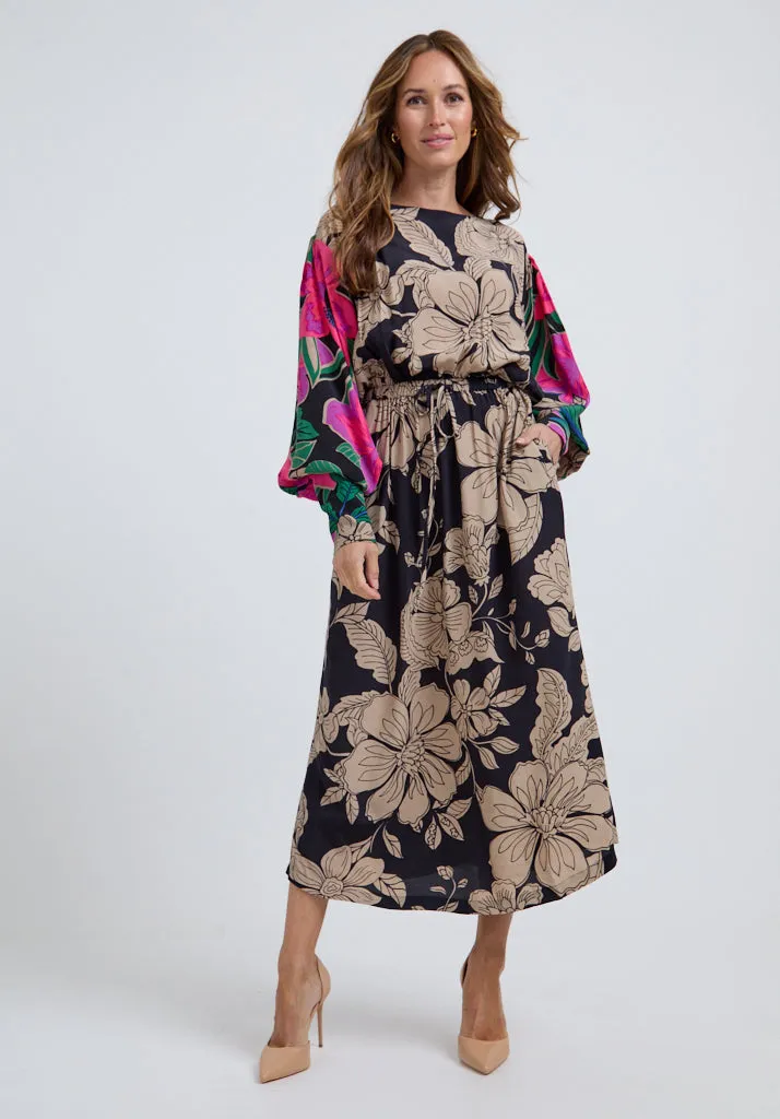 Celeste Gathered Waist Floral Printed Midi Dress In Multi