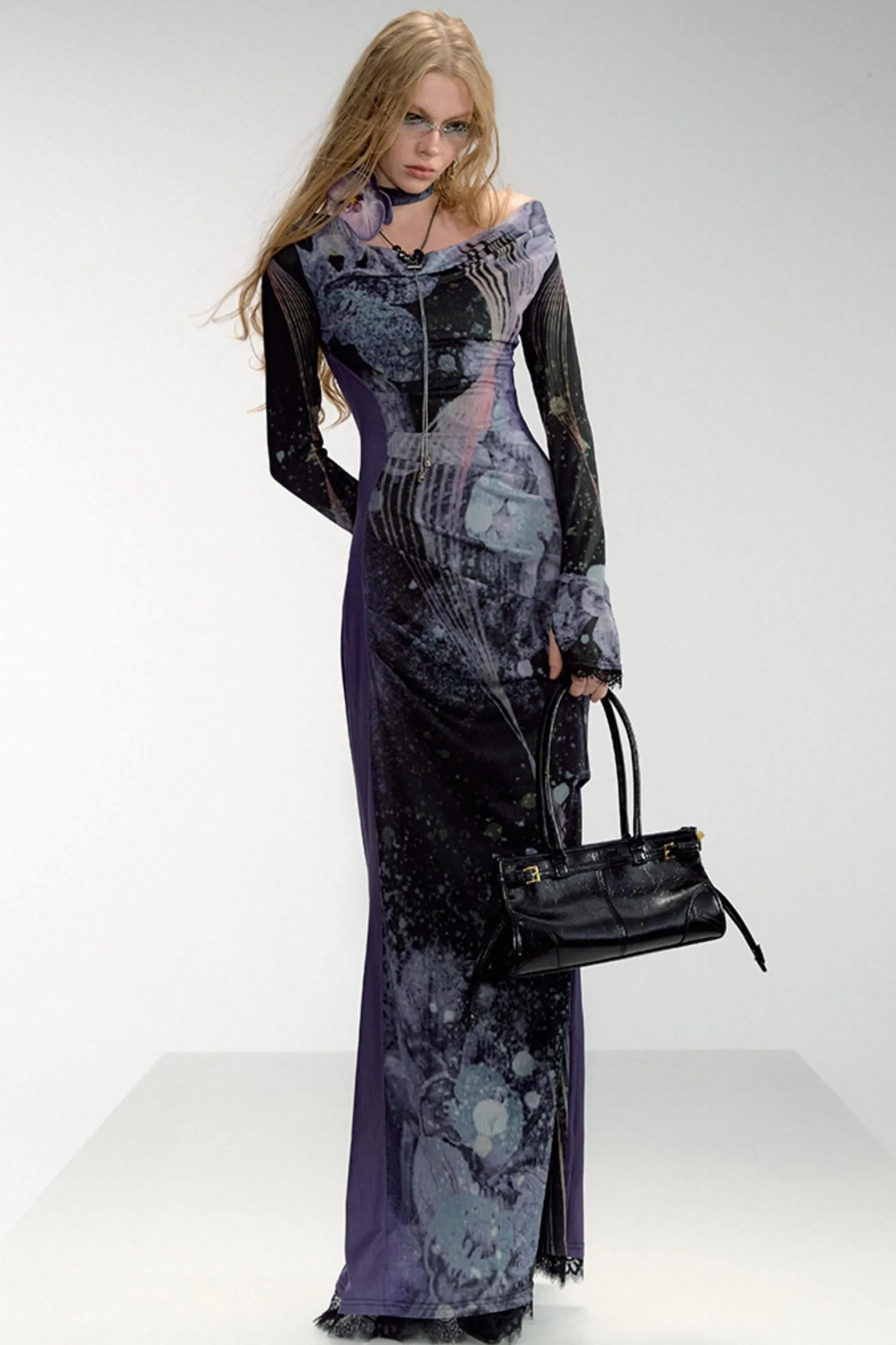 Celestial Nocturne Off-Shoulder Maxi Dress