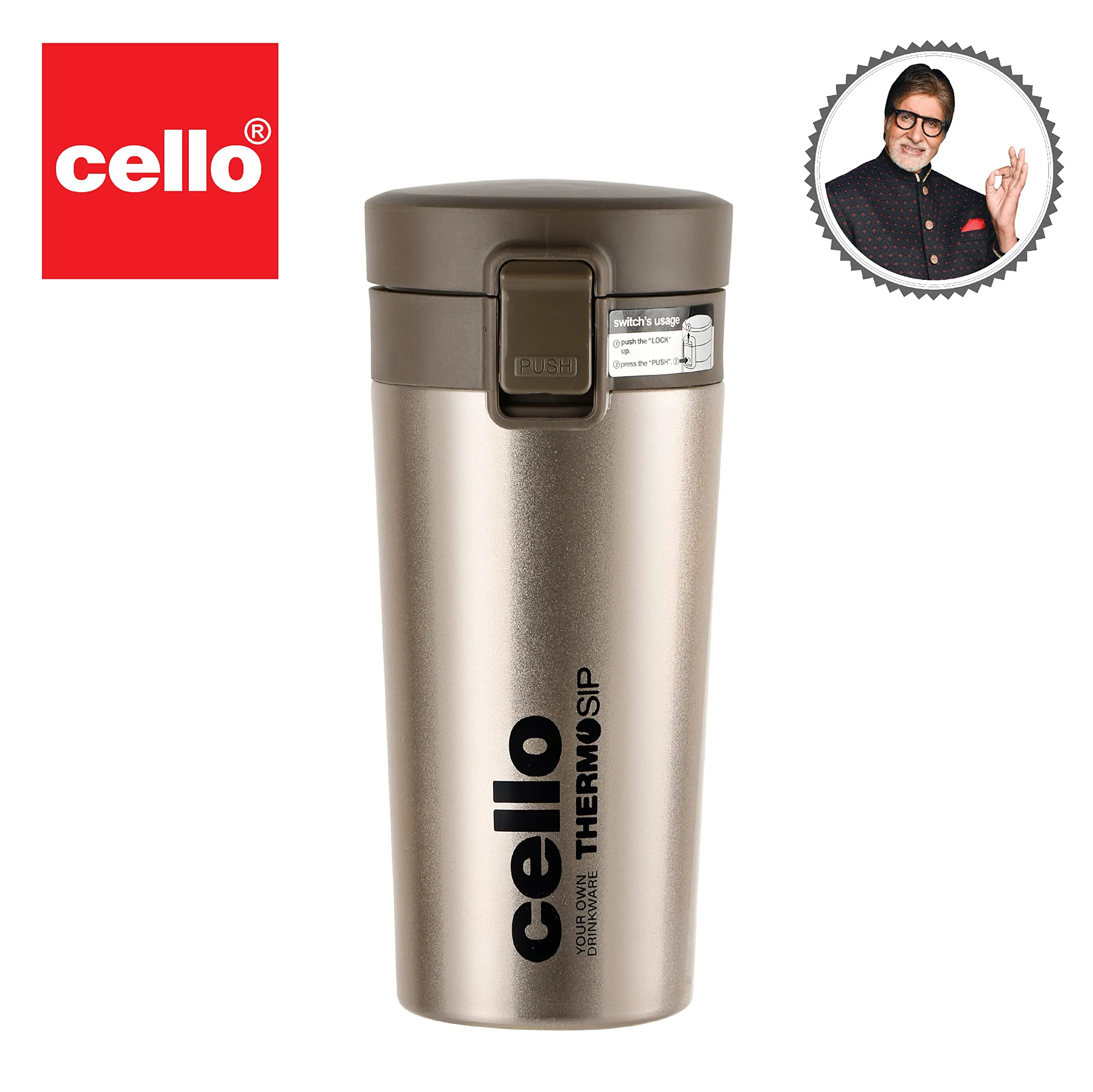 Cello Monty Vacuum Insulated | Travel Coffee Mug Hot and Cold with Lid | Double Walled Carry Flask for Travel, Home, Office, School | 300ml, Gold/Grey (Stainless Steel)