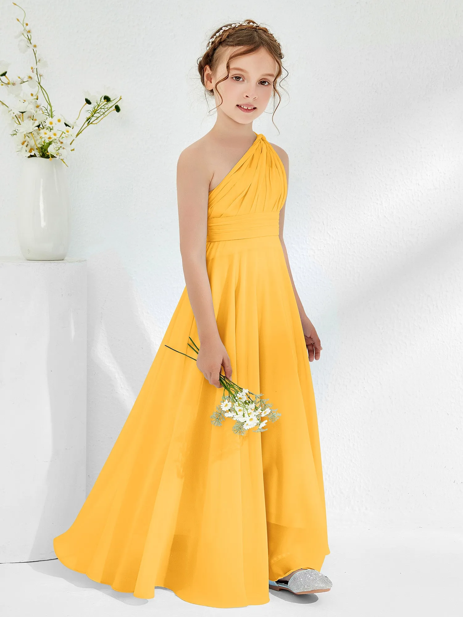 Cute One Shoulder  A-line Junior Bridesmaid Dresses Tangerine