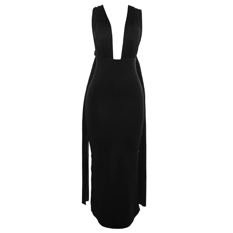 Deep V Neck Summer Slim Bandage Bodycon Backless Sexy Midi Dress