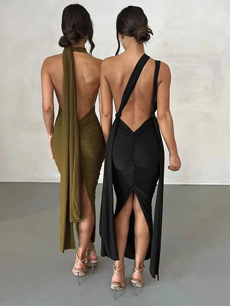 Deep V Neck Summer Slim Bandage Bodycon Backless Sexy Midi Dress