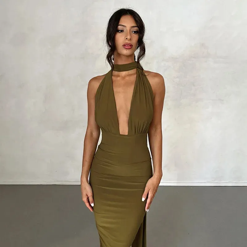 Deep V Neck Summer Slim Bandage Bodycon Backless Sexy Midi Dress