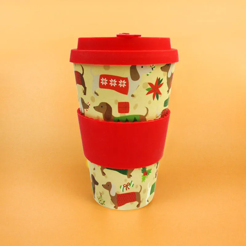 Eco-Friendly Reusable Plant Fiber Holiday Travel Mug with Christmas Wiener Dog Design