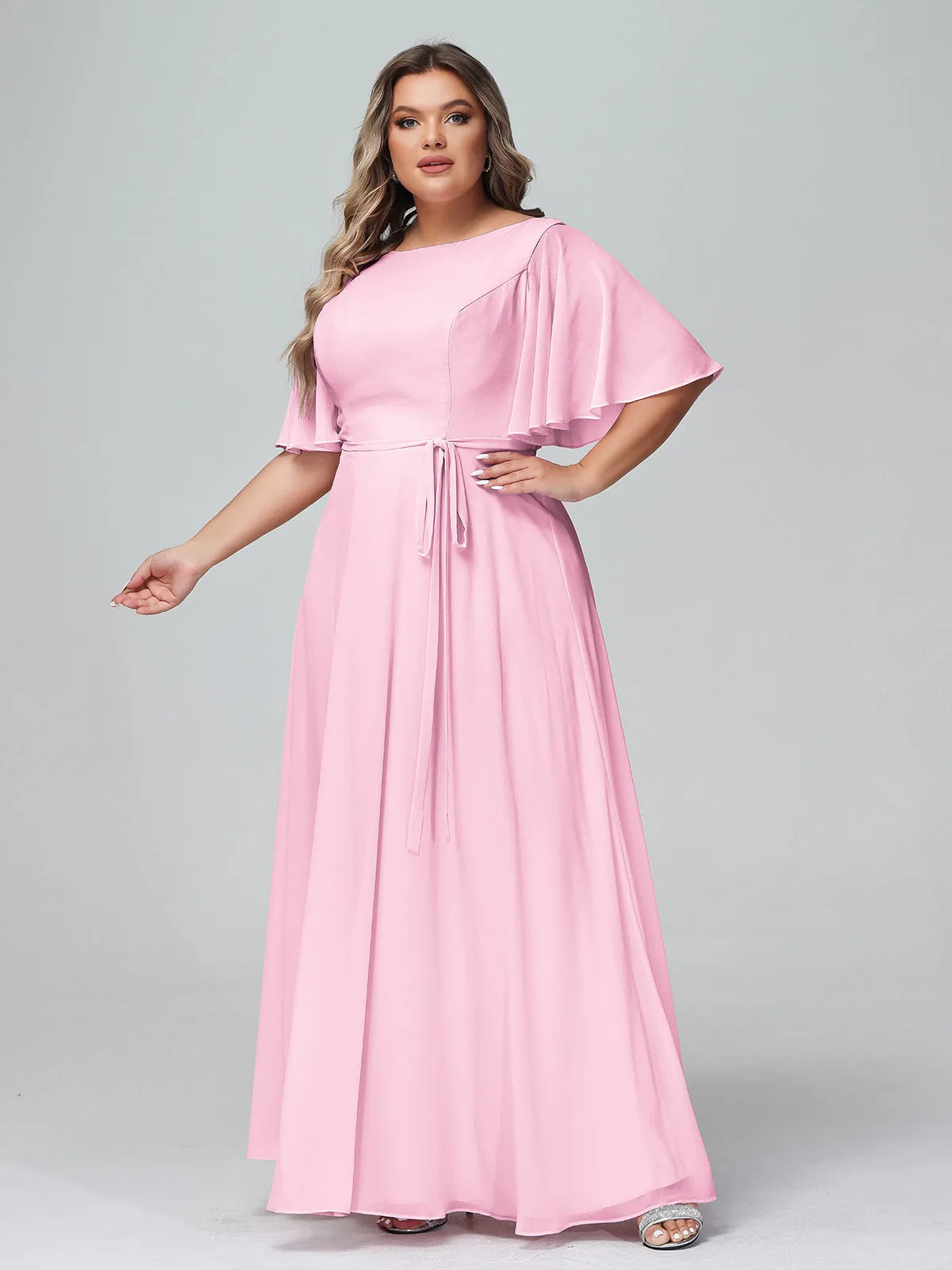 Flutter Sleeves Chiffon Max Dresses with Sash Bow-Candy Pink Plus Size