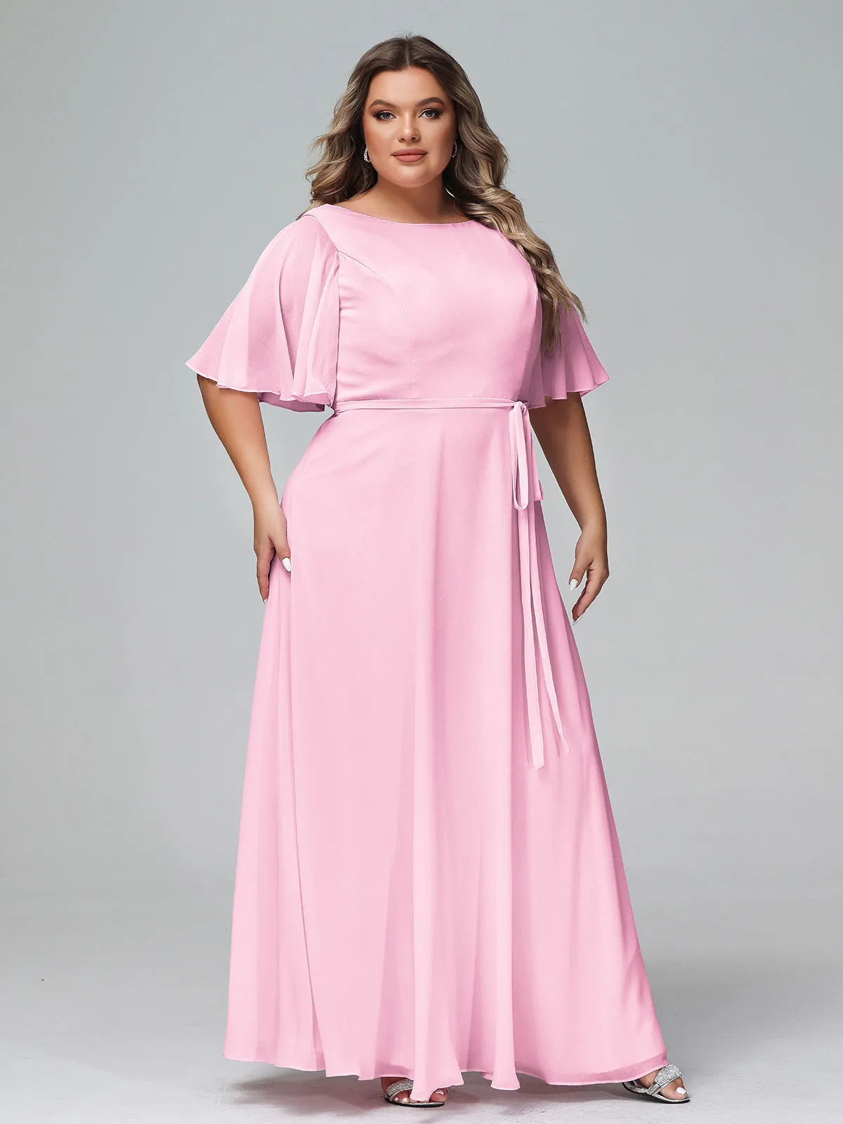 Flutter Sleeves Chiffon Max Dresses with Sash Bow-Candy Pink Plus Size