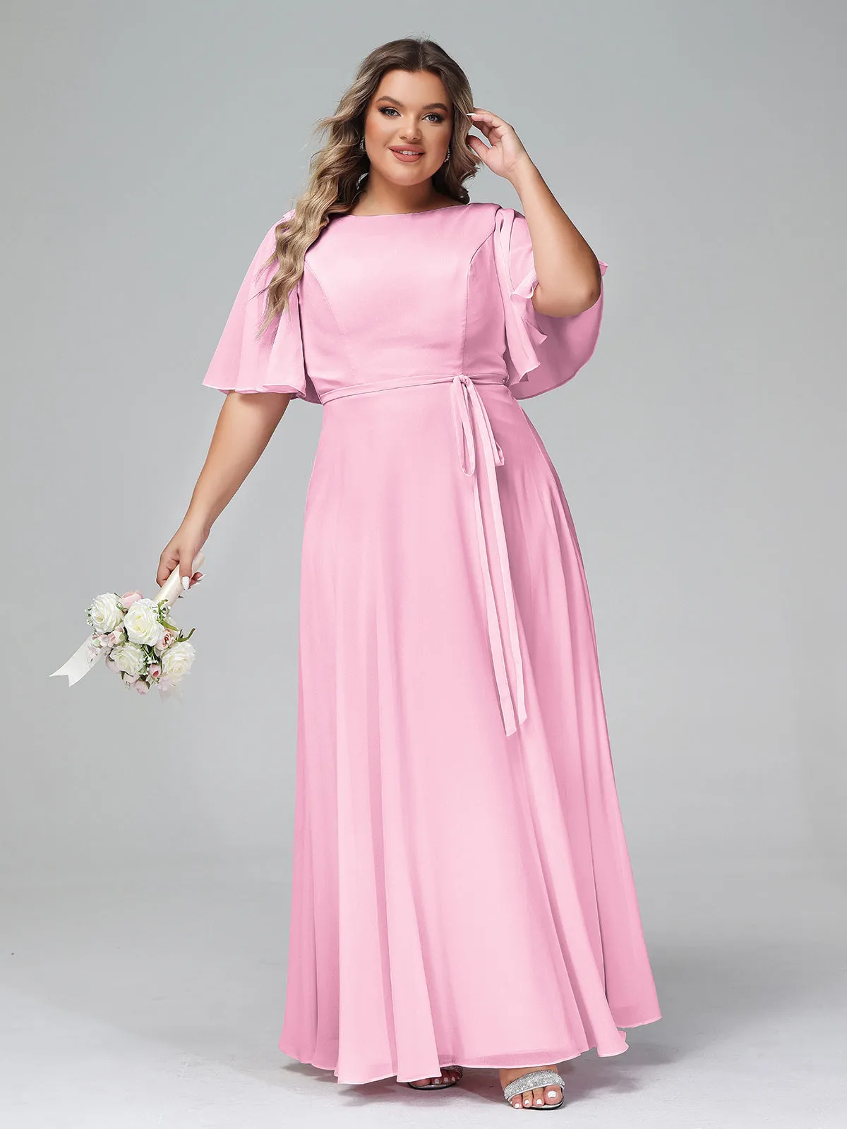 Flutter Sleeves Chiffon Max Dresses with Sash Bow-Candy Pink Plus Size