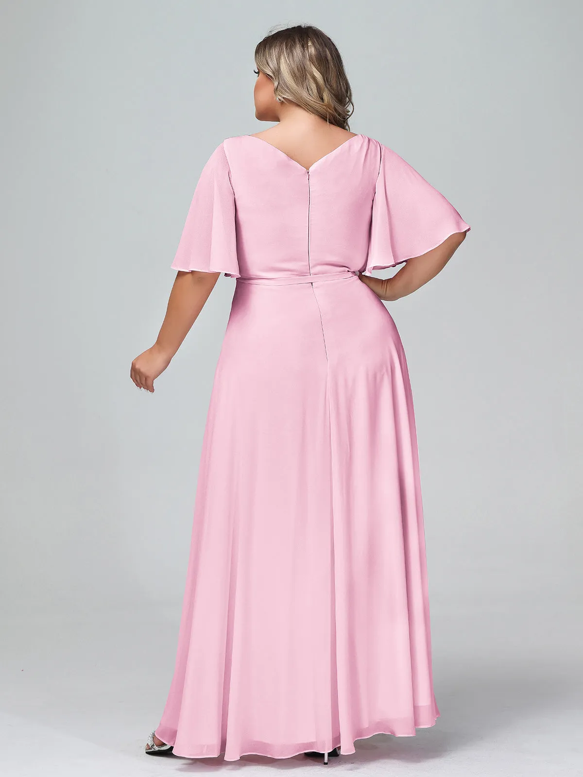 Flutter Sleeves Chiffon Max Dresses with Sash Bow-Candy Pink Plus Size