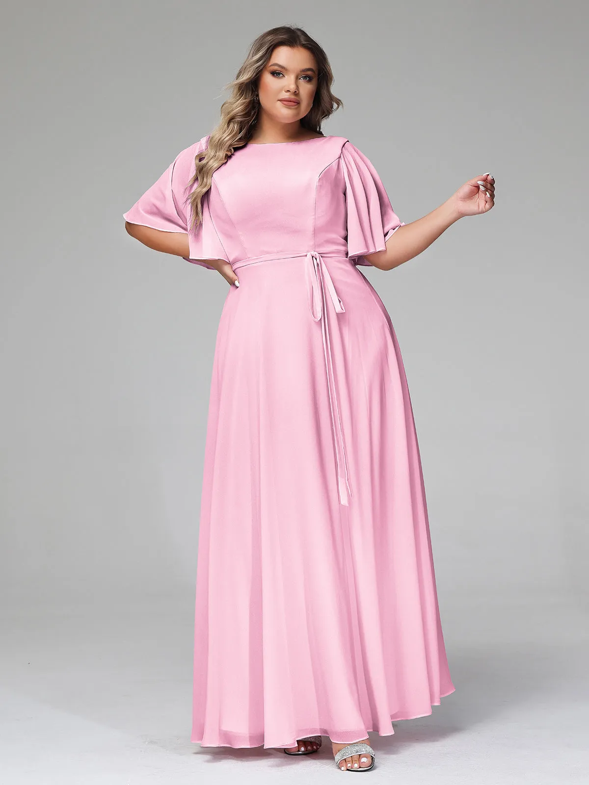 Flutter Sleeves Chiffon Max Dresses with Sash Bow-Candy Pink Plus Size