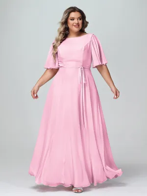 Flutter Sleeves Chiffon Max Dresses with Sash Bow-Candy Pink Plus Size