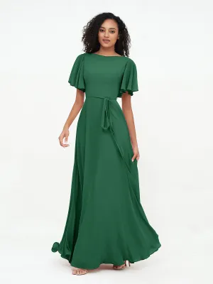 Flutter Sleeves Chiffon Max Dresses with Sash Bow-Dark Green