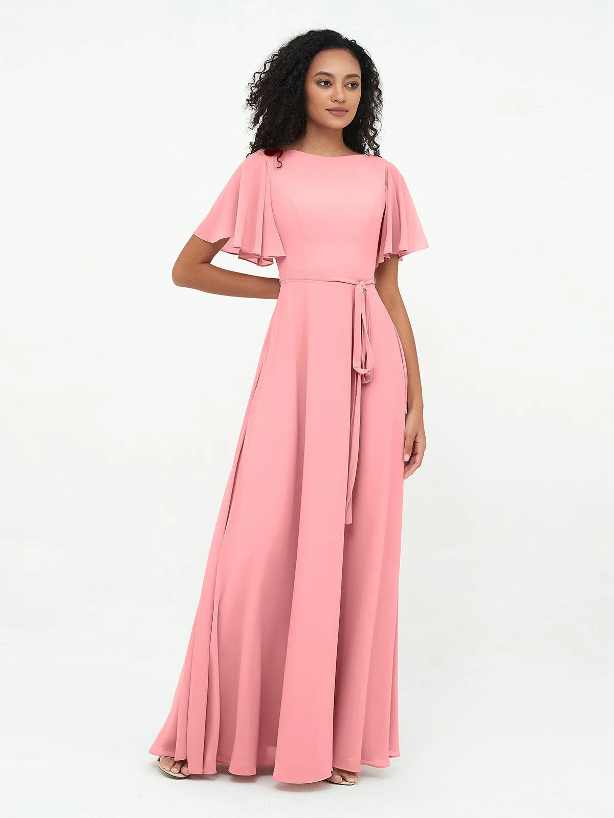 Flutter Sleeves Chiffon Max Dresses with Sash Bow-Flamingo