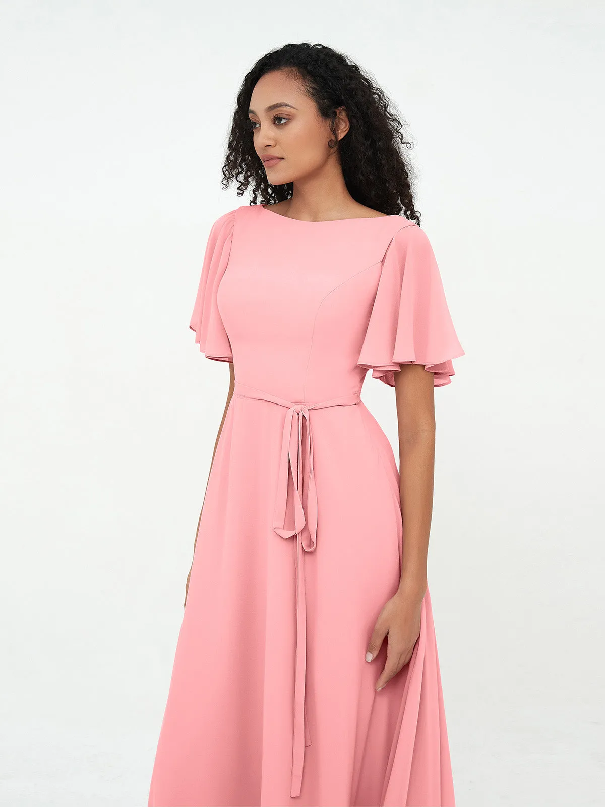 Flutter Sleeves Chiffon Max Dresses with Sash Bow-Flamingo