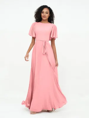 Flutter Sleeves Chiffon Max Dresses with Sash Bow-Flamingo