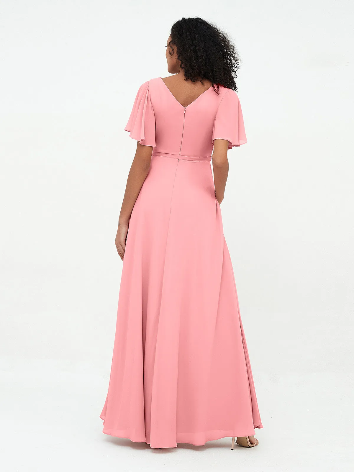 Flutter Sleeves Chiffon Max Dresses with Sash Bow-Flamingo