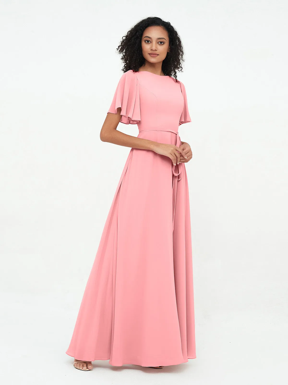 Flutter Sleeves Chiffon Max Dresses with Sash Bow-Flamingo