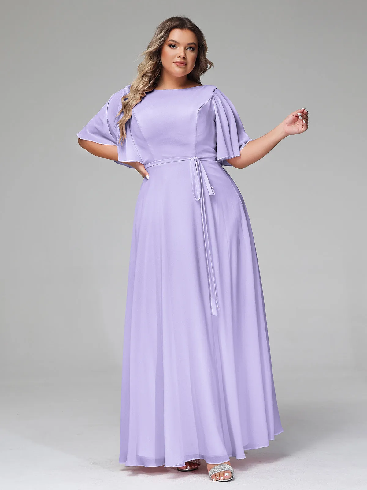 Flutter Sleeves Chiffon Max Dresses with Sash Bow-Lilac Plus Size