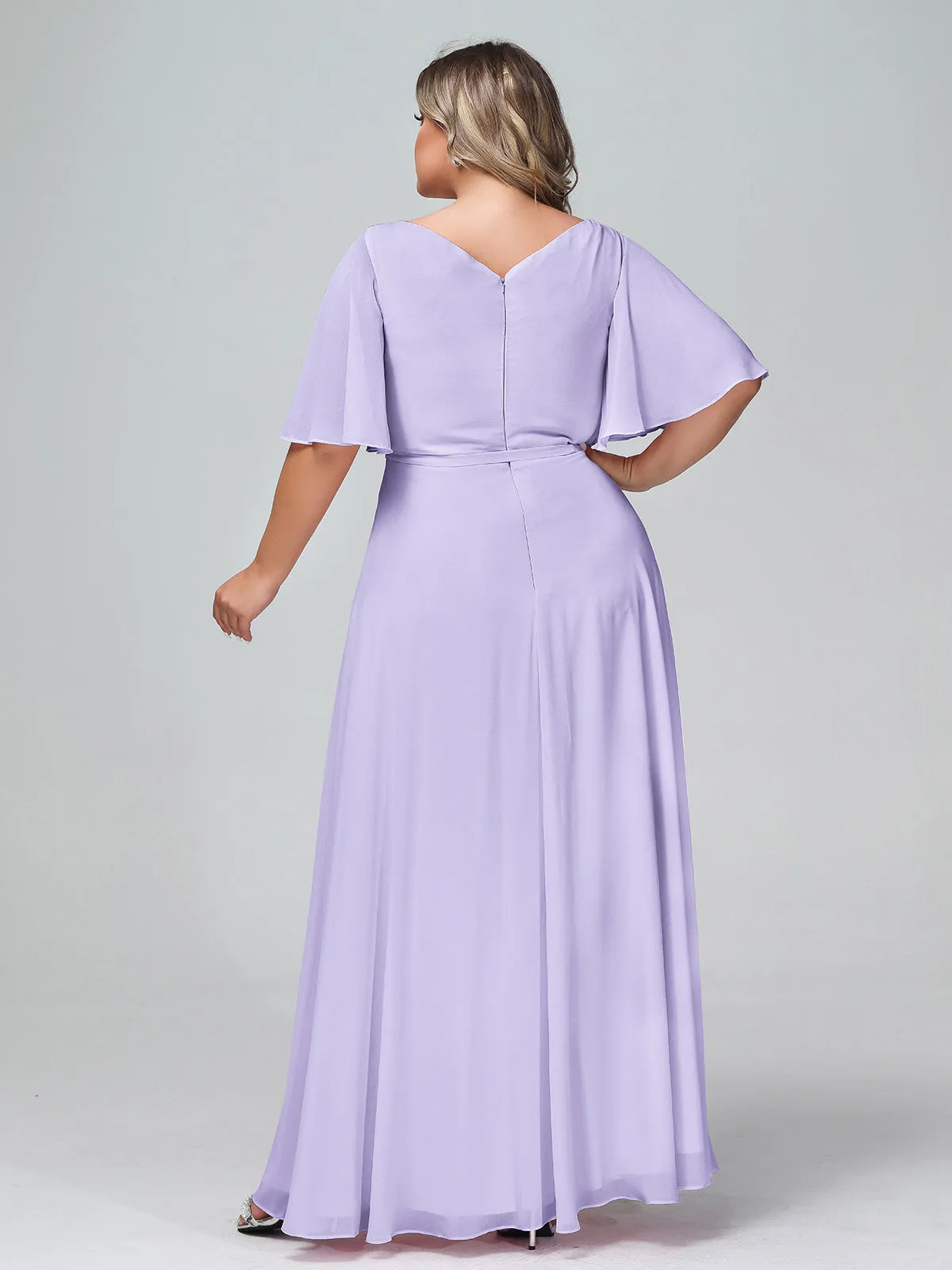 Flutter Sleeves Chiffon Max Dresses with Sash Bow-Lilac Plus Size