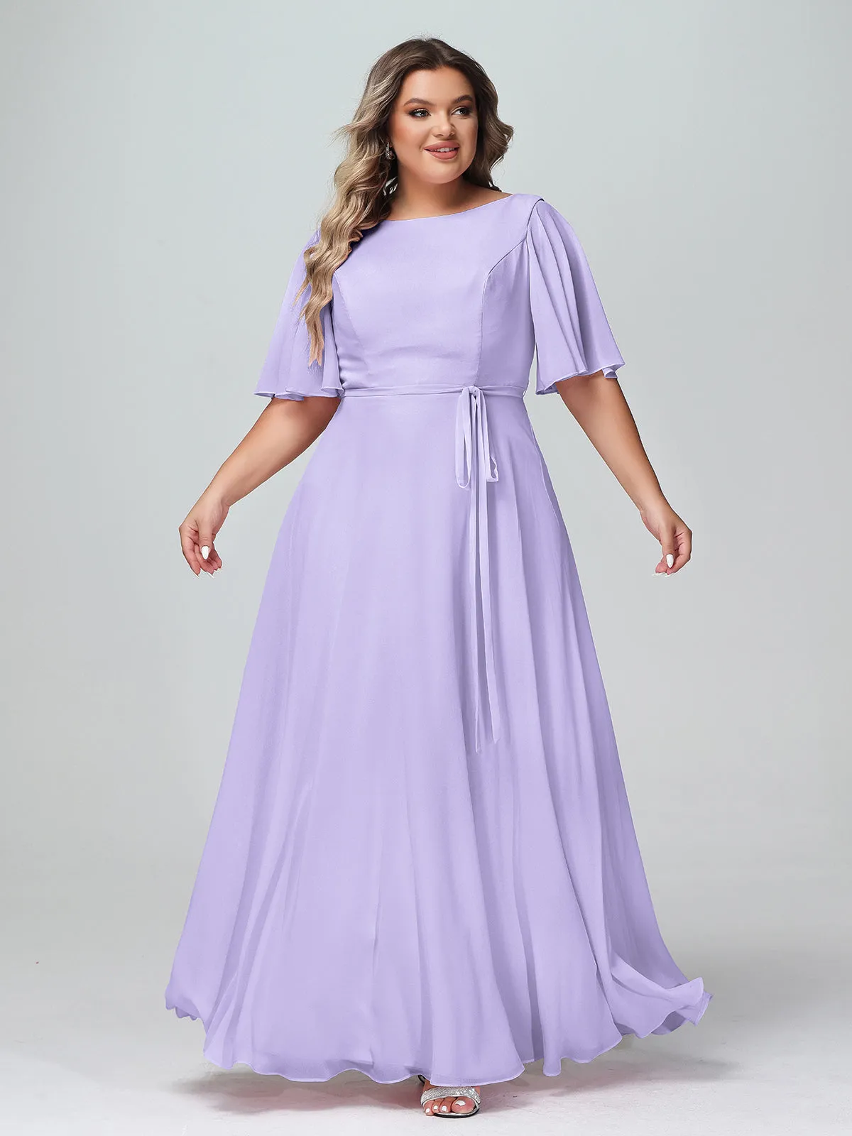 Flutter Sleeves Chiffon Max Dresses with Sash Bow-Lilac Plus Size