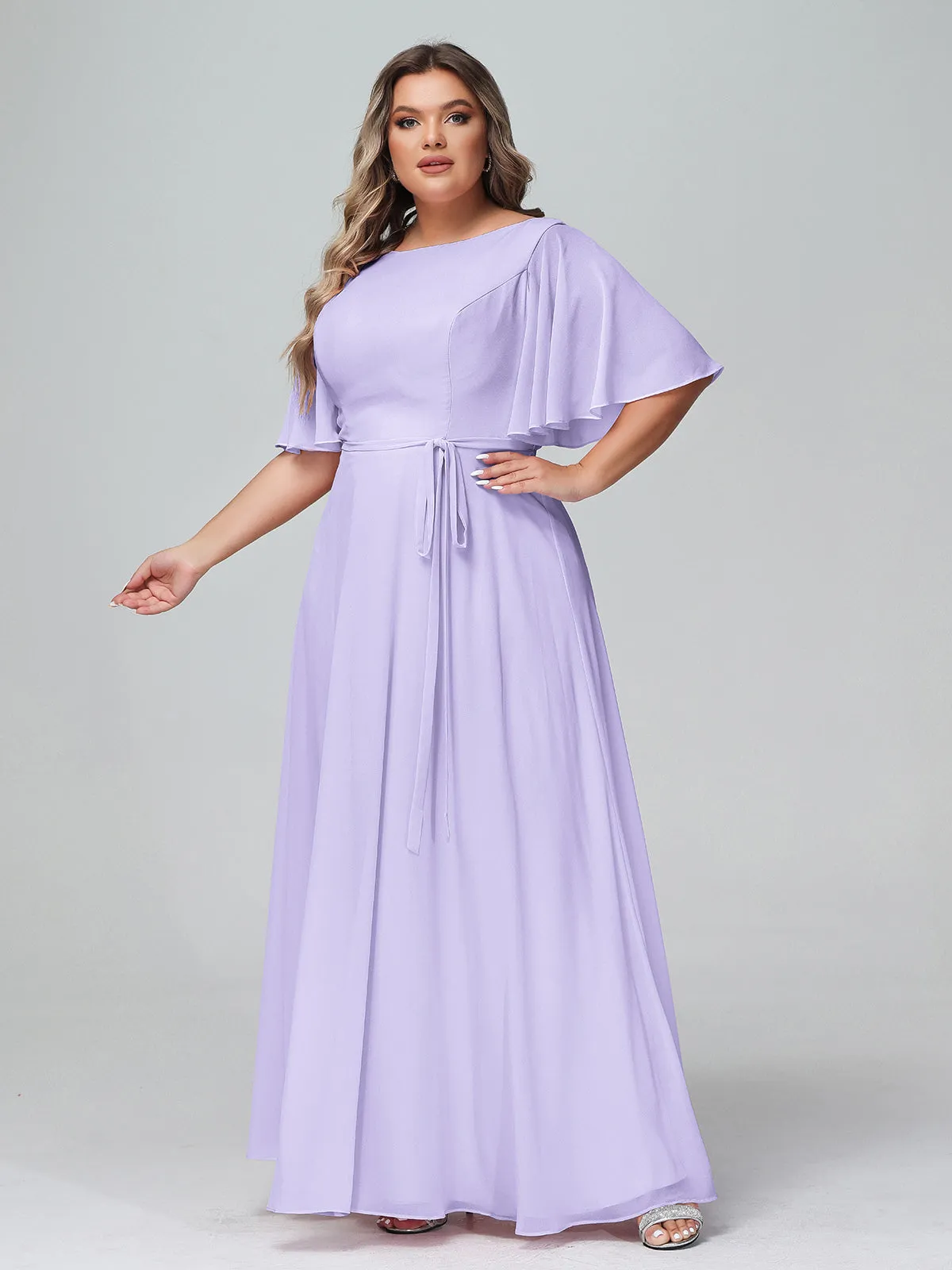 Flutter Sleeves Chiffon Max Dresses with Sash Bow-Lilac Plus Size