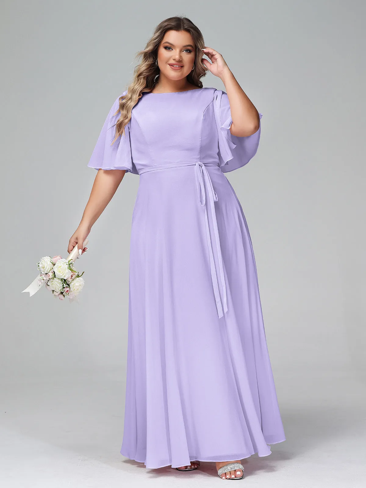 Flutter Sleeves Chiffon Max Dresses with Sash Bow-Lilac Plus Size