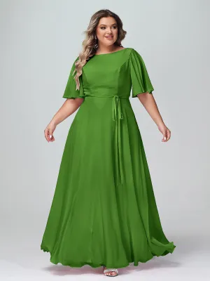 Flutter Sleeves Chiffon Max Dresses with Sash Bow-Moss Plus Size