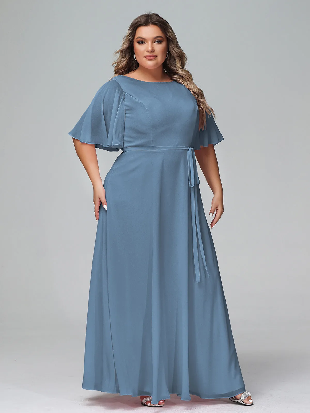 Flutter Sleeves Chiffon Max Dresses with Sash Bow-Slate Blue Plus Size