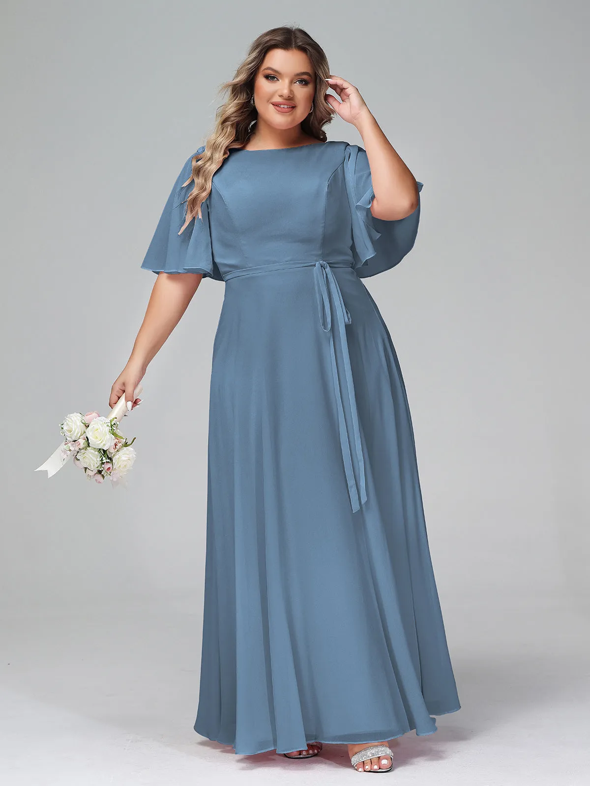 Flutter Sleeves Chiffon Max Dresses with Sash Bow-Slate Blue Plus Size