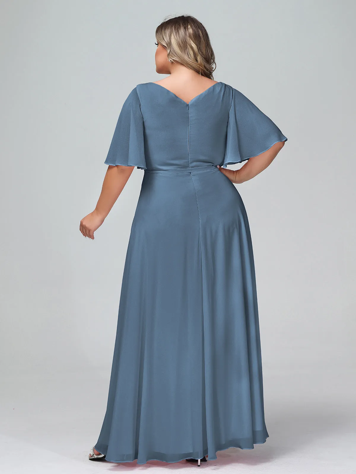 Flutter Sleeves Chiffon Max Dresses with Sash Bow-Slate Blue Plus Size