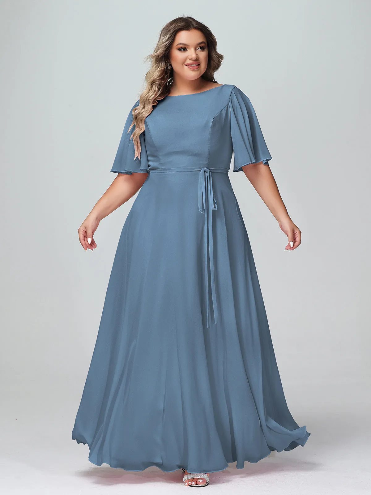 Flutter Sleeves Chiffon Max Dresses with Sash Bow-Slate Blue Plus Size