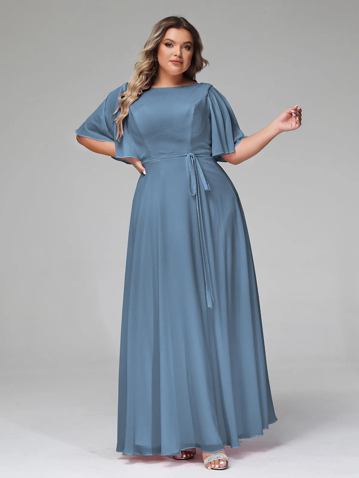 Flutter Sleeves Chiffon Max Dresses with Sash Bow-Slate Blue Plus Size