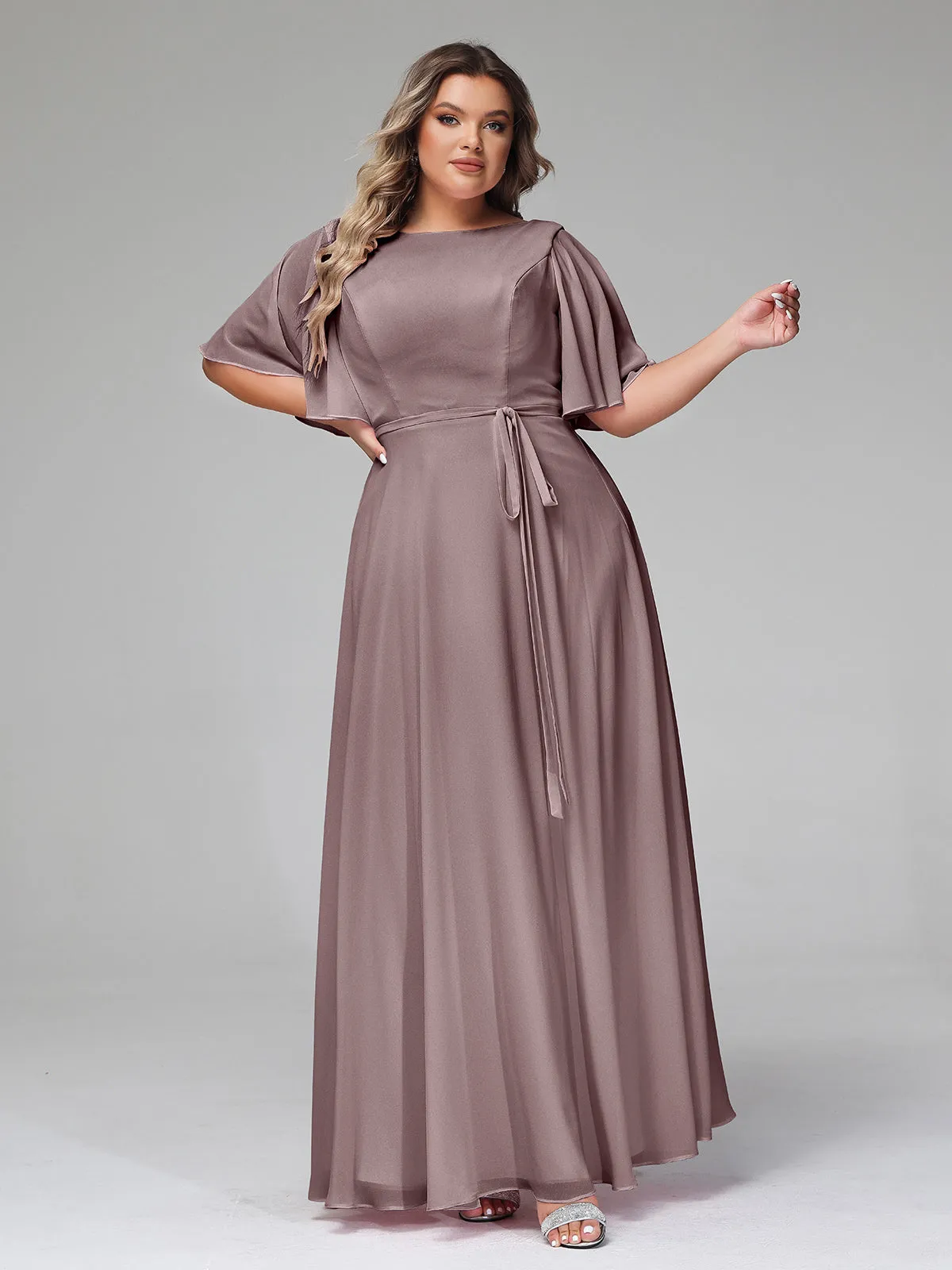 Flutter Sleeves Chiffon Max Dresses with Sash Bow-Vintage Mauve Plus Size