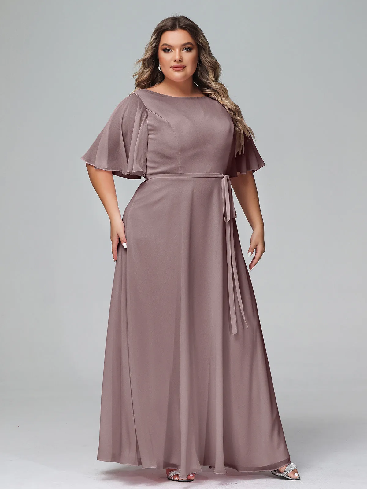 Flutter Sleeves Chiffon Max Dresses with Sash Bow-Vintage Mauve Plus Size