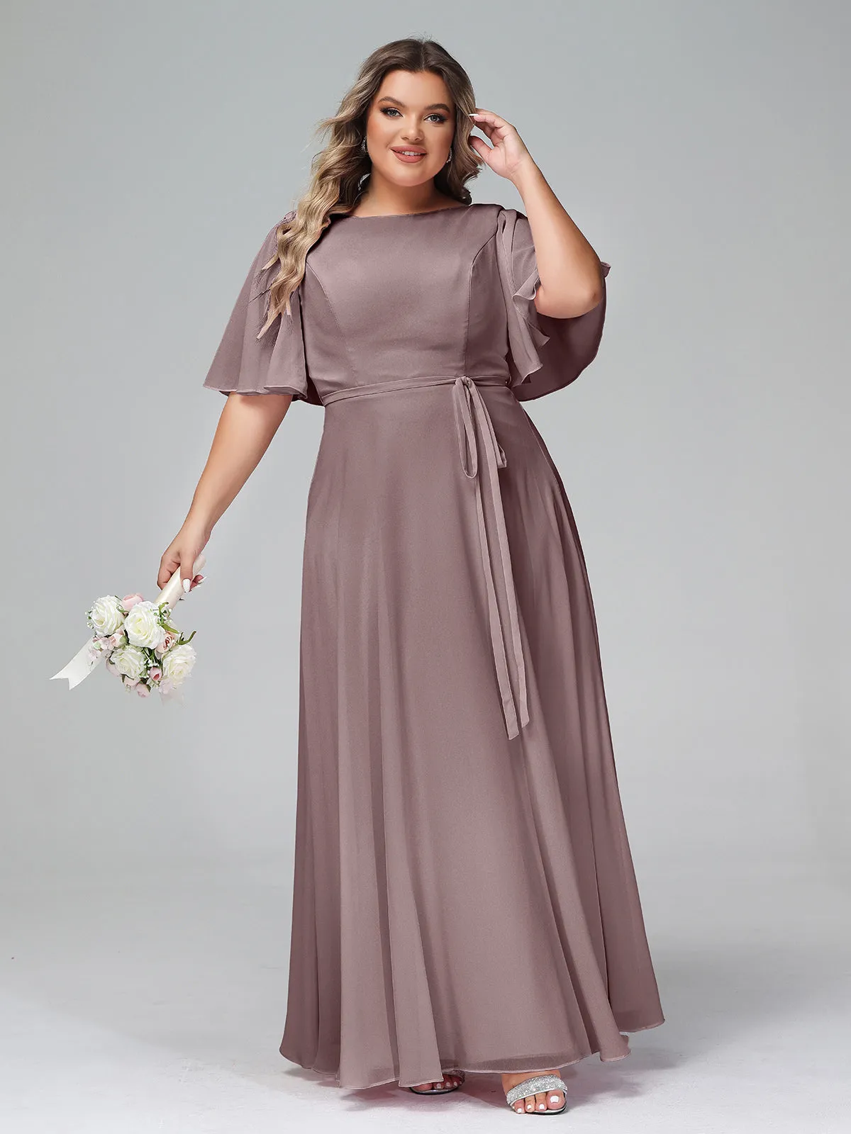 Flutter Sleeves Chiffon Max Dresses with Sash Bow-Vintage Mauve Plus Size