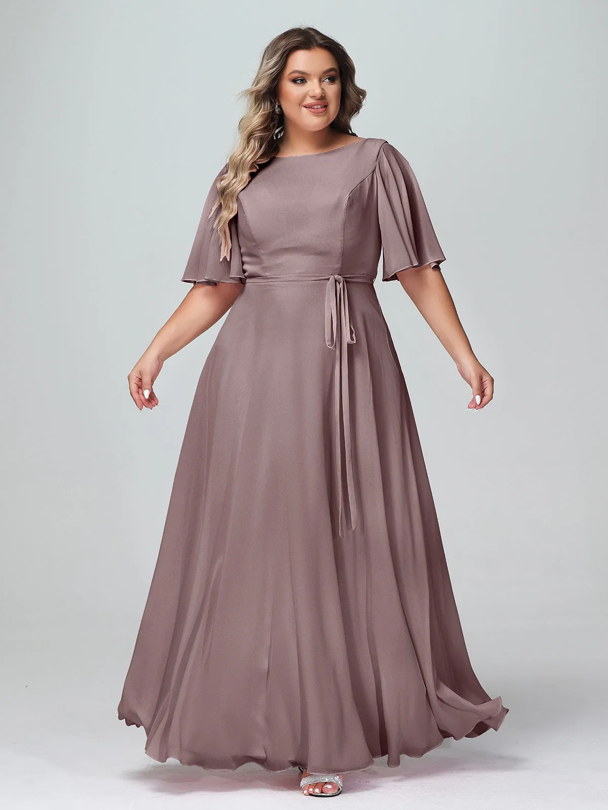 Flutter Sleeves Chiffon Max Dresses with Sash Bow-Vintage Mauve Plus Size