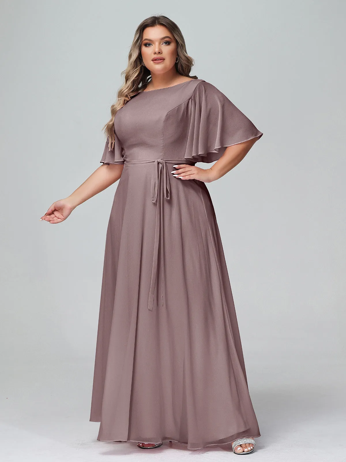 Flutter Sleeves Chiffon Max Dresses with Sash Bow-Vintage Mauve Plus Size