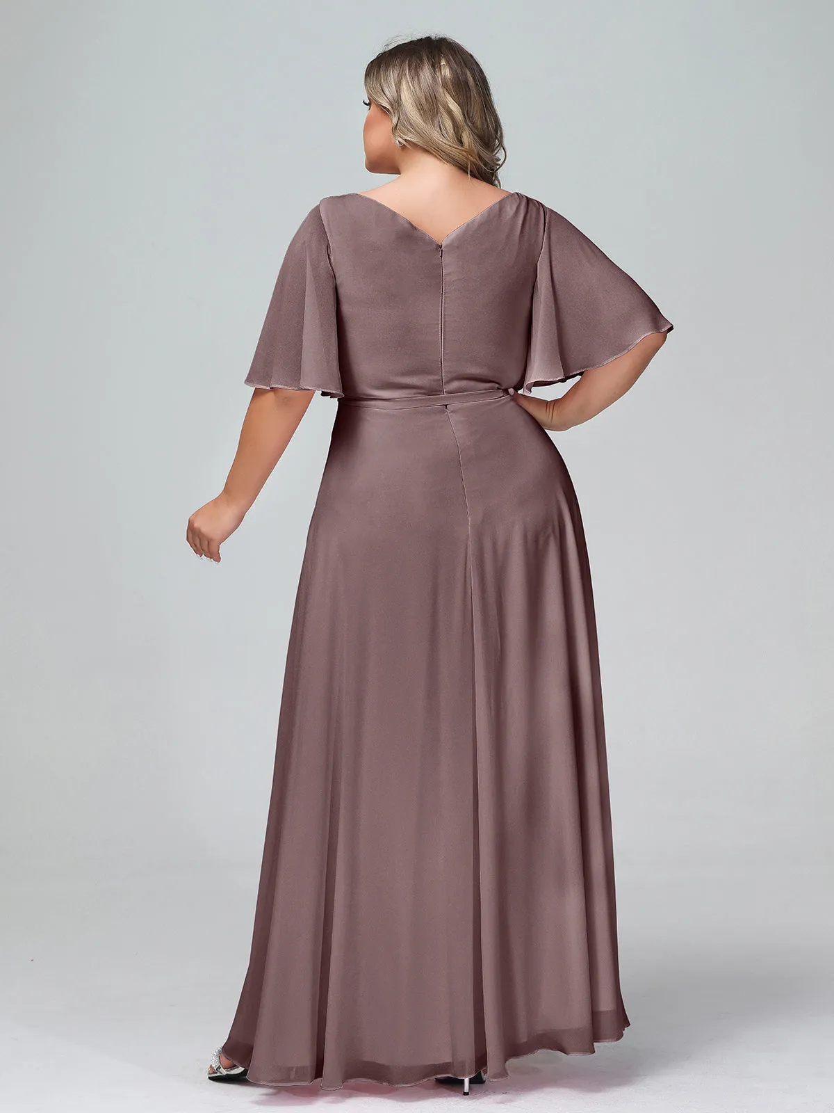 Flutter Sleeves Chiffon Max Dresses with Sash Bow-Vintage Mauve Plus Size