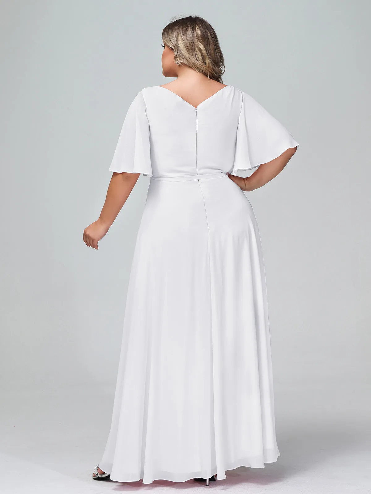 Flutter Sleeves Chiffon Max Dresses with Sash Bow-White Plus Size