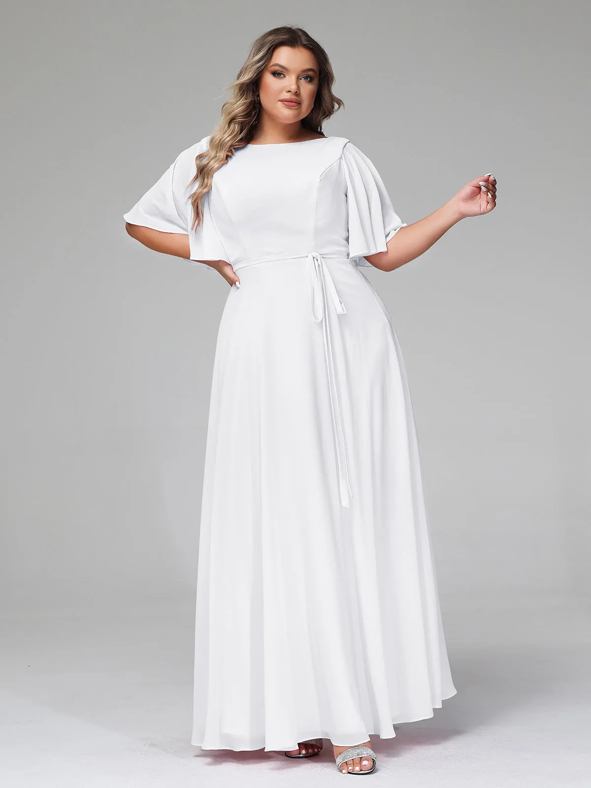 Flutter Sleeves Chiffon Max Dresses with Sash Bow-White Plus Size