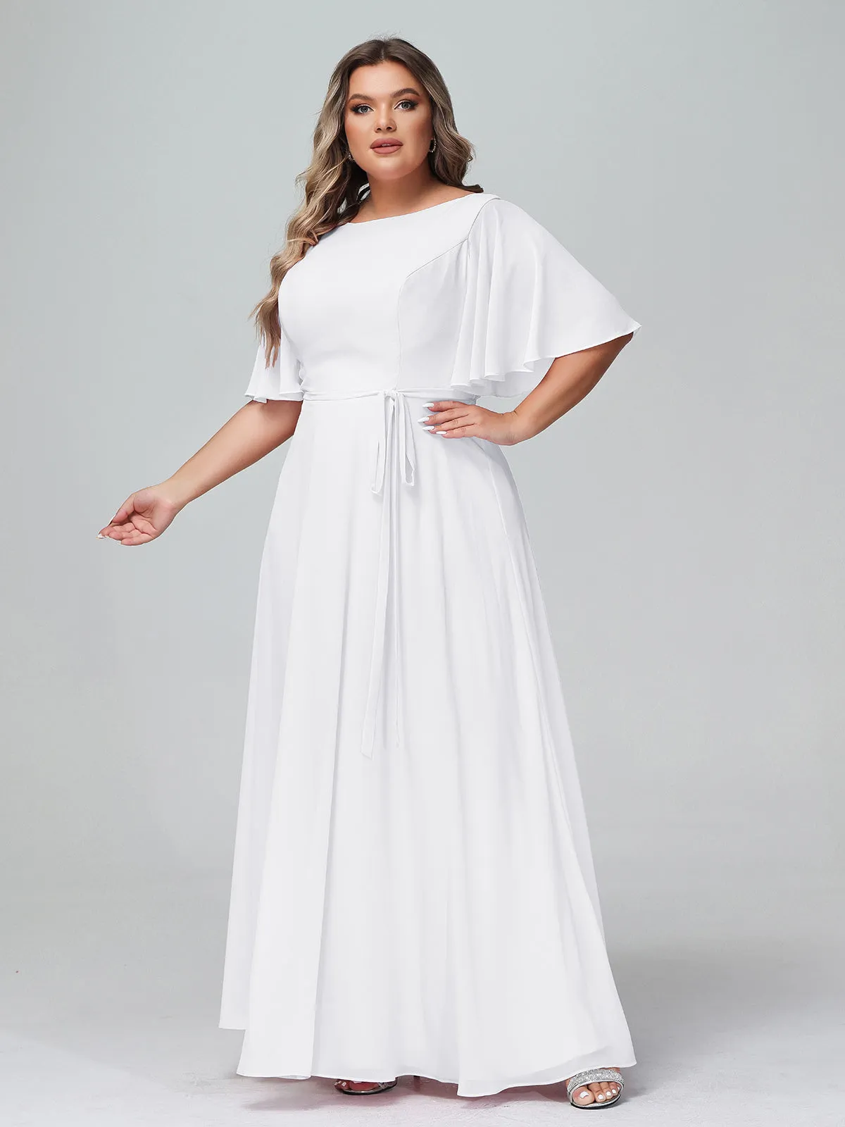 Flutter Sleeves Chiffon Max Dresses with Sash Bow-White Plus Size